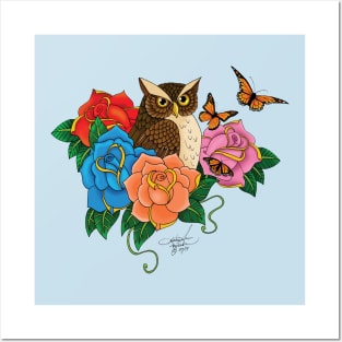 Owl and Roses Posters and Art